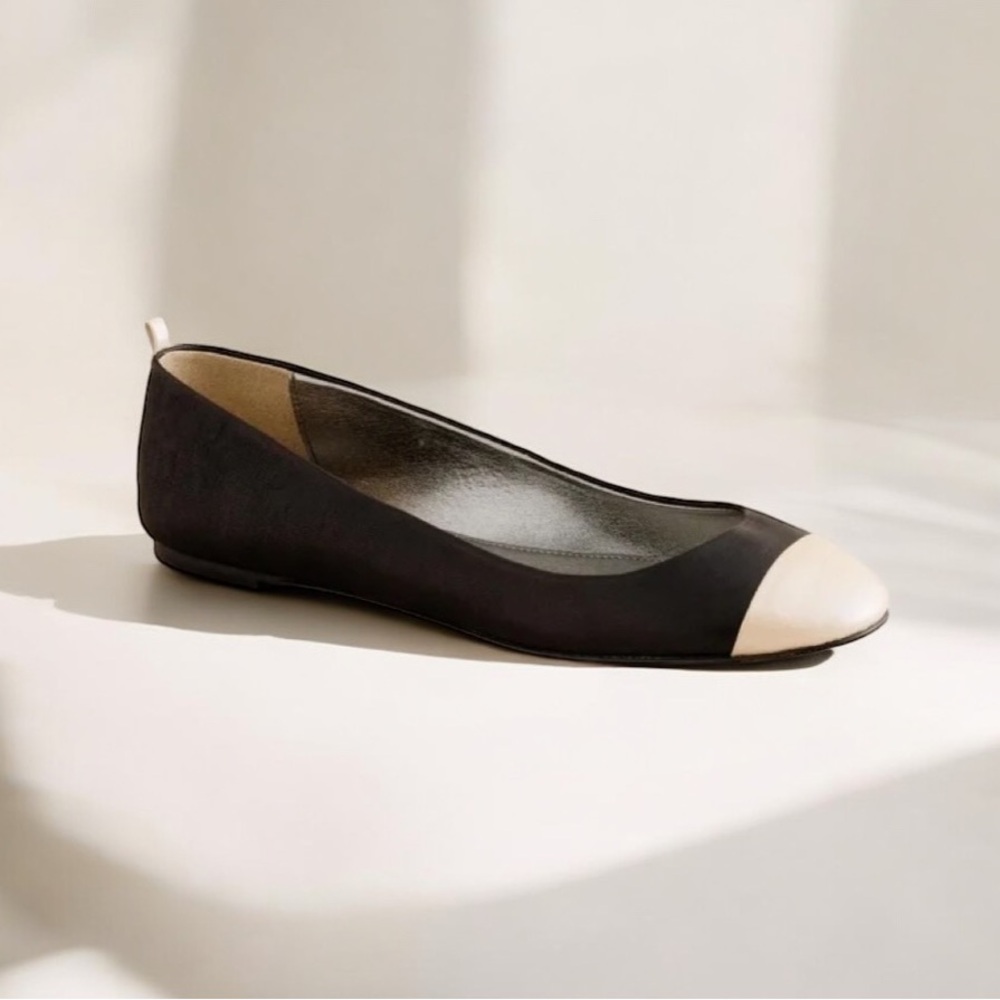 J. Crew Abby Italian Leather Round Cap Toe Black Champagne Ballet Flats Size 6.5